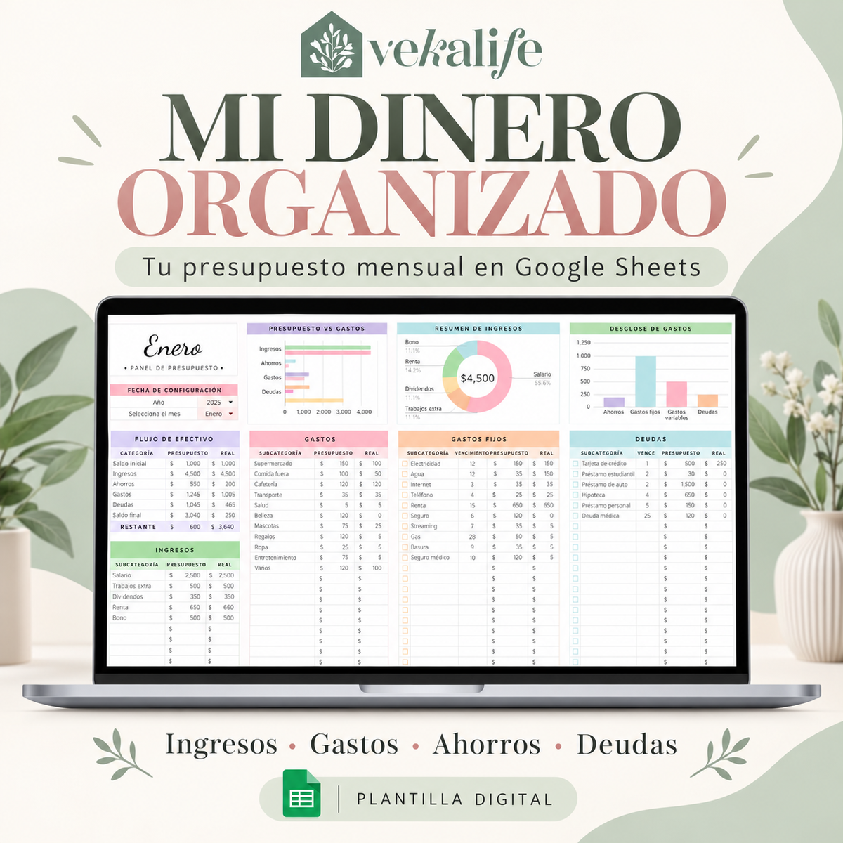 Mi Dinero Organizado by VEKALIFE · Plantilla de presupuesto familiar en Google Sheets