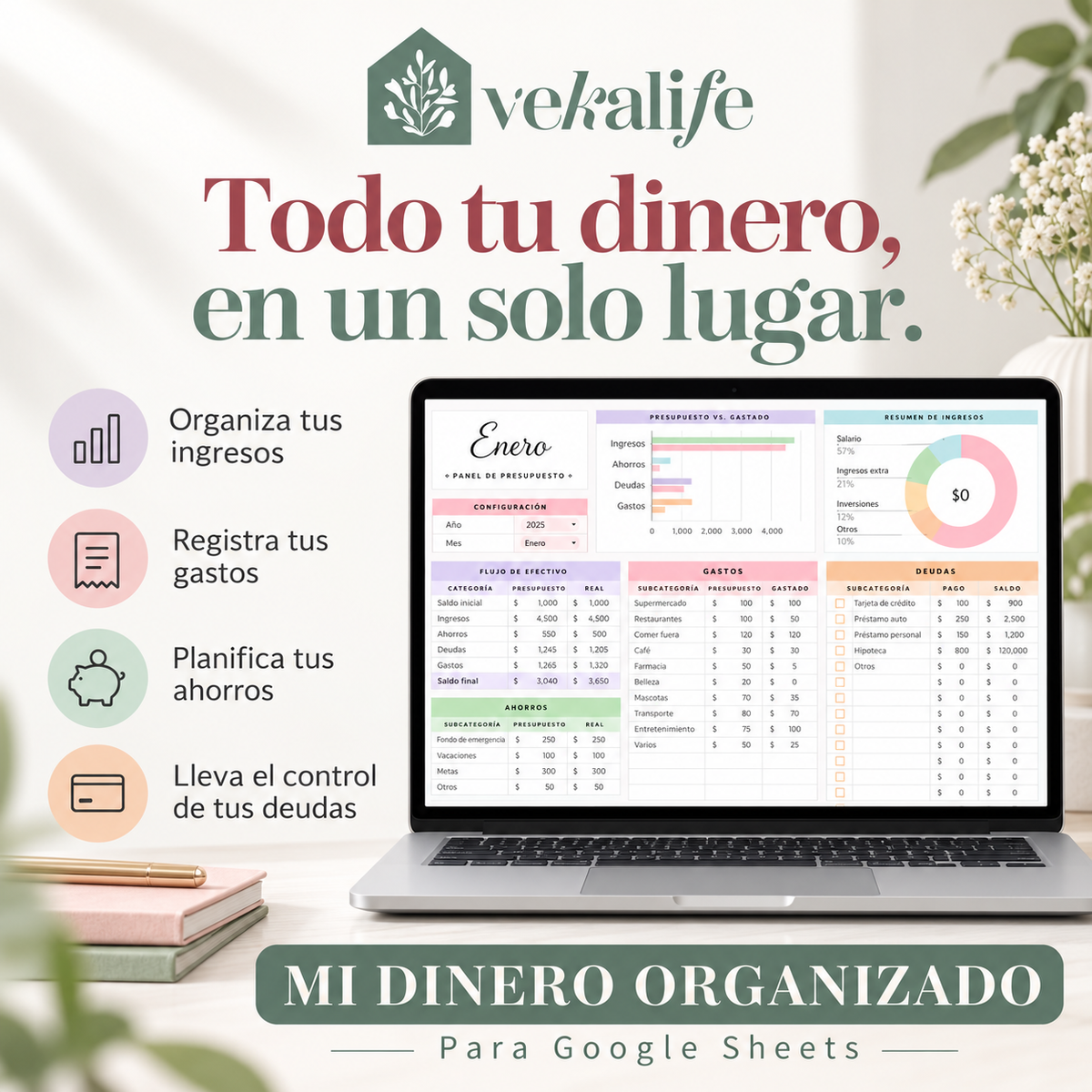 Mi Dinero Organizado by VEKALIFE · Plantilla de presupuesto familiar en Google Sheets